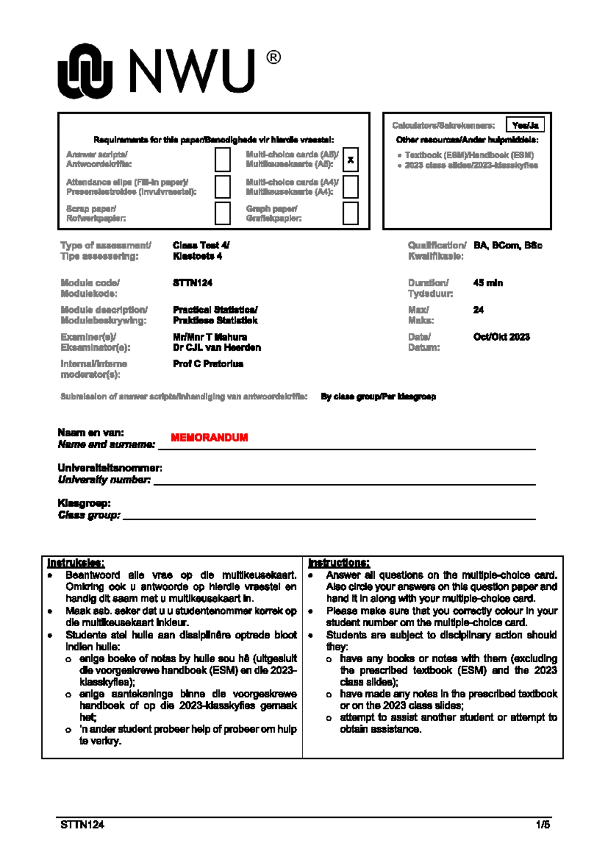 Sttn124 2023 class test 1 memorandum and requirements studocu