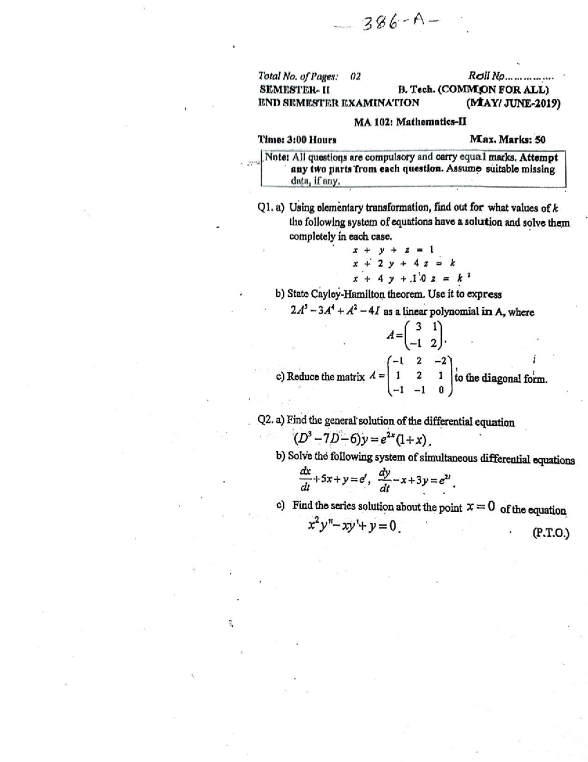 MA102 & AM111 END SEM EXAM 2019: Comprehensive Solutions Guide - Studocu