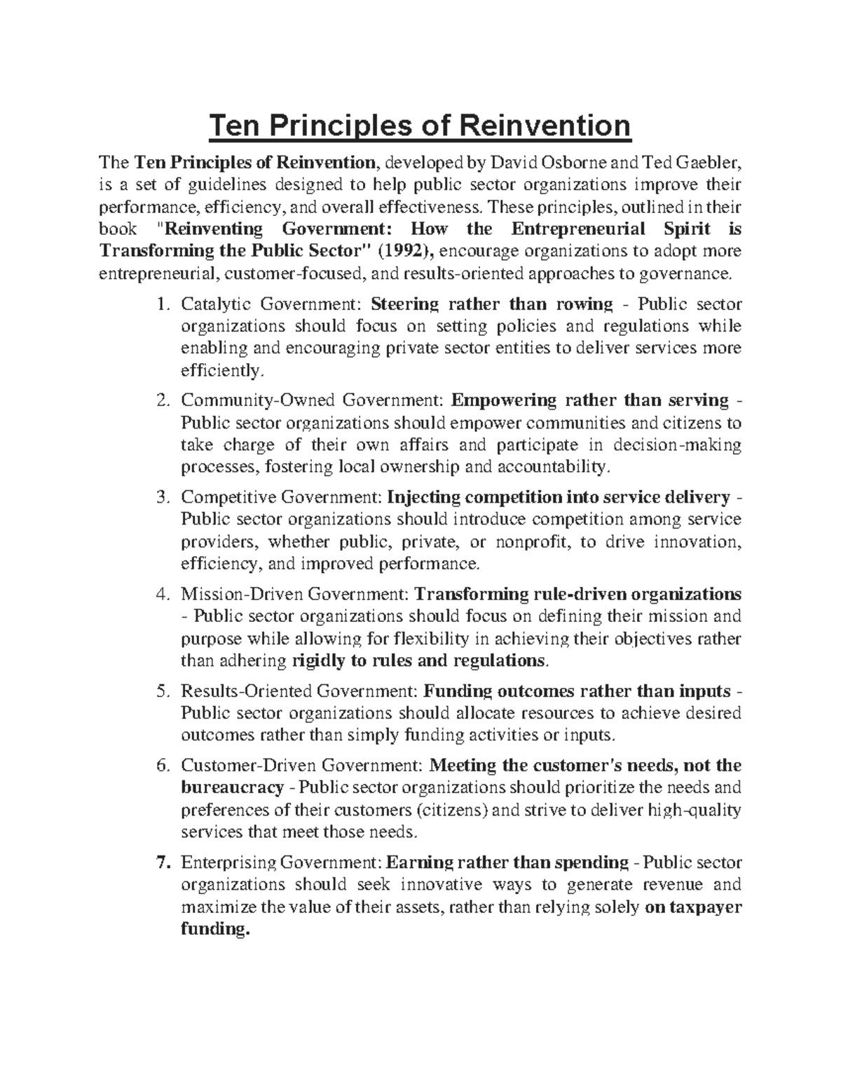 Ten Principles of Reinvention: Guidelines for Public Sector ...
