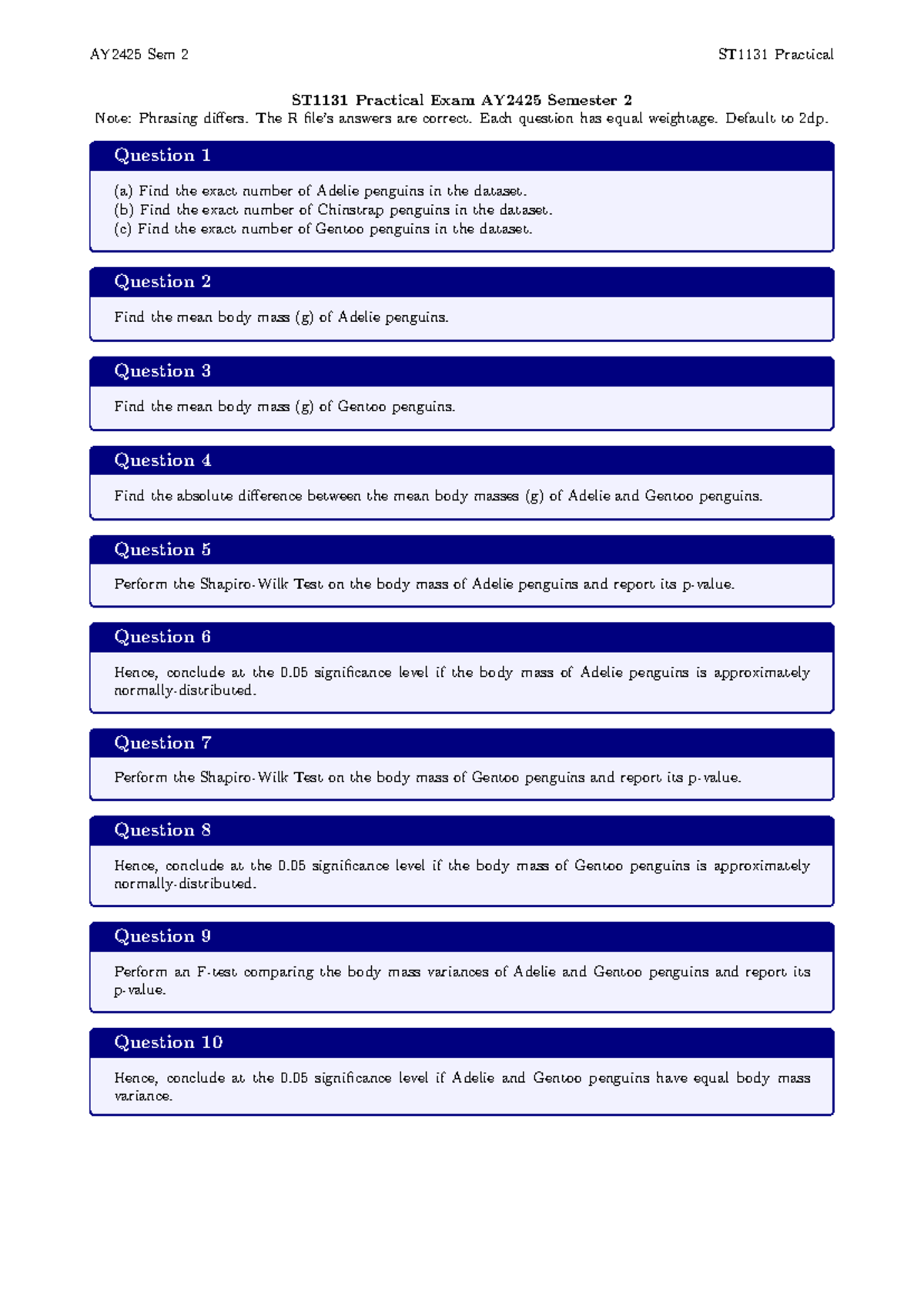 AY2425 Sem 2 ST1131 Practical Exam Questions and Solutions - Studocu
