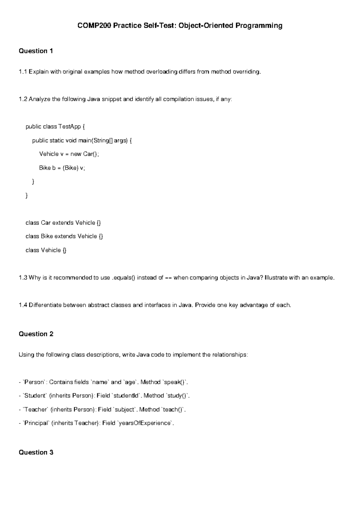 COMP200 Self Test: Method Overloading vs. Overriding & Java Concepts ...