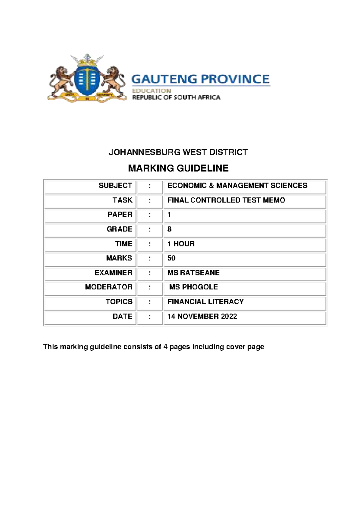 EMS GRADE 8 FINAL CONTROLLED TEST MEMO NOV 2022 - Studocu