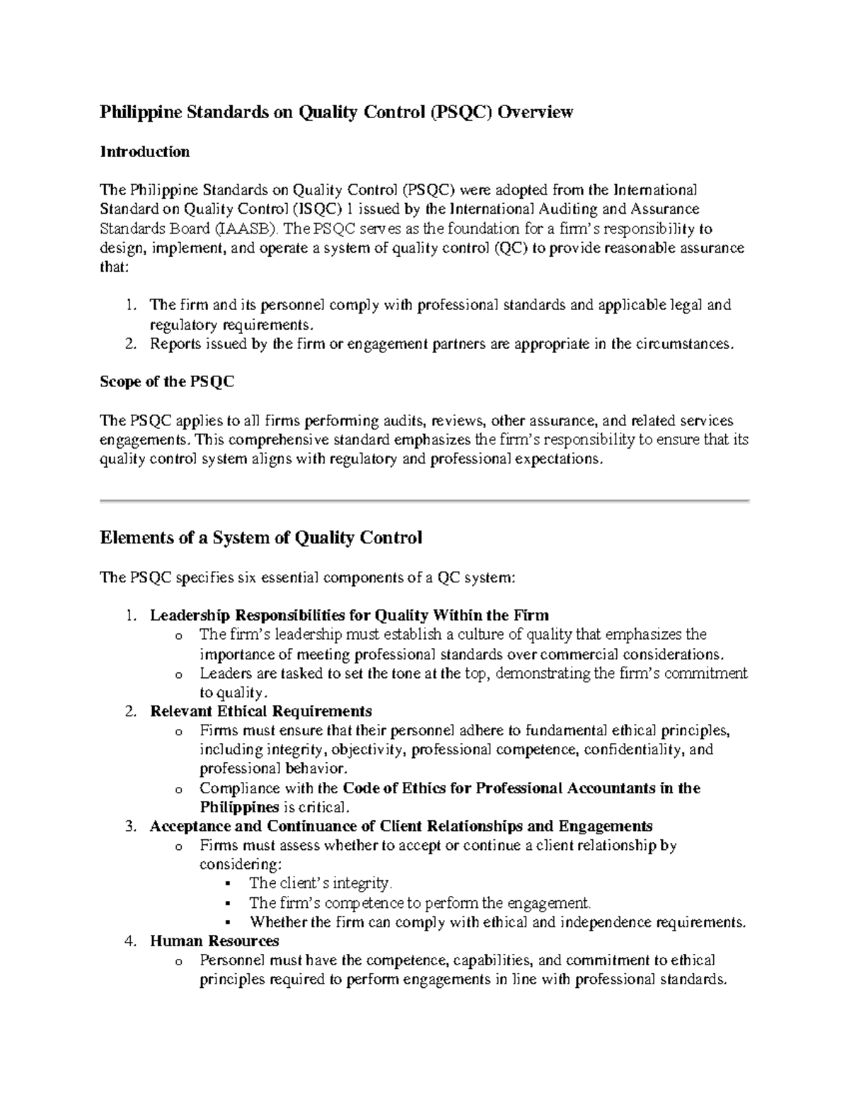 Philippine Standards on Quality Control (PSQC) Overview and Elements ...