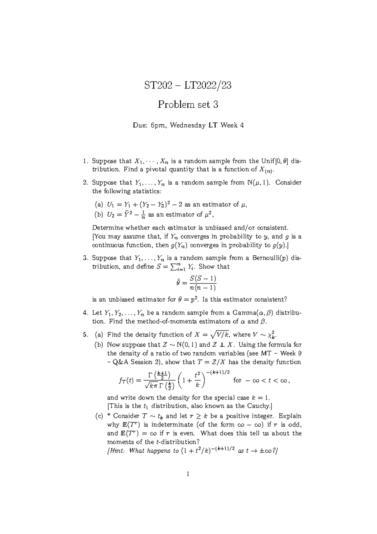 ST202 LT Problem Set 3: Estimators and Pivotal Quantities Analysis ...