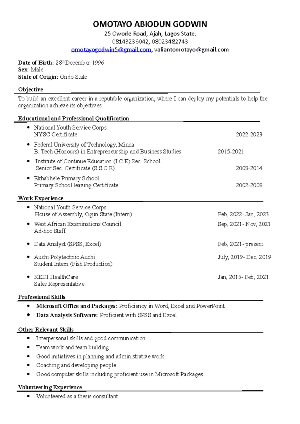 Godwin's Professional CV - Skills & Experience Overview - Studocu
