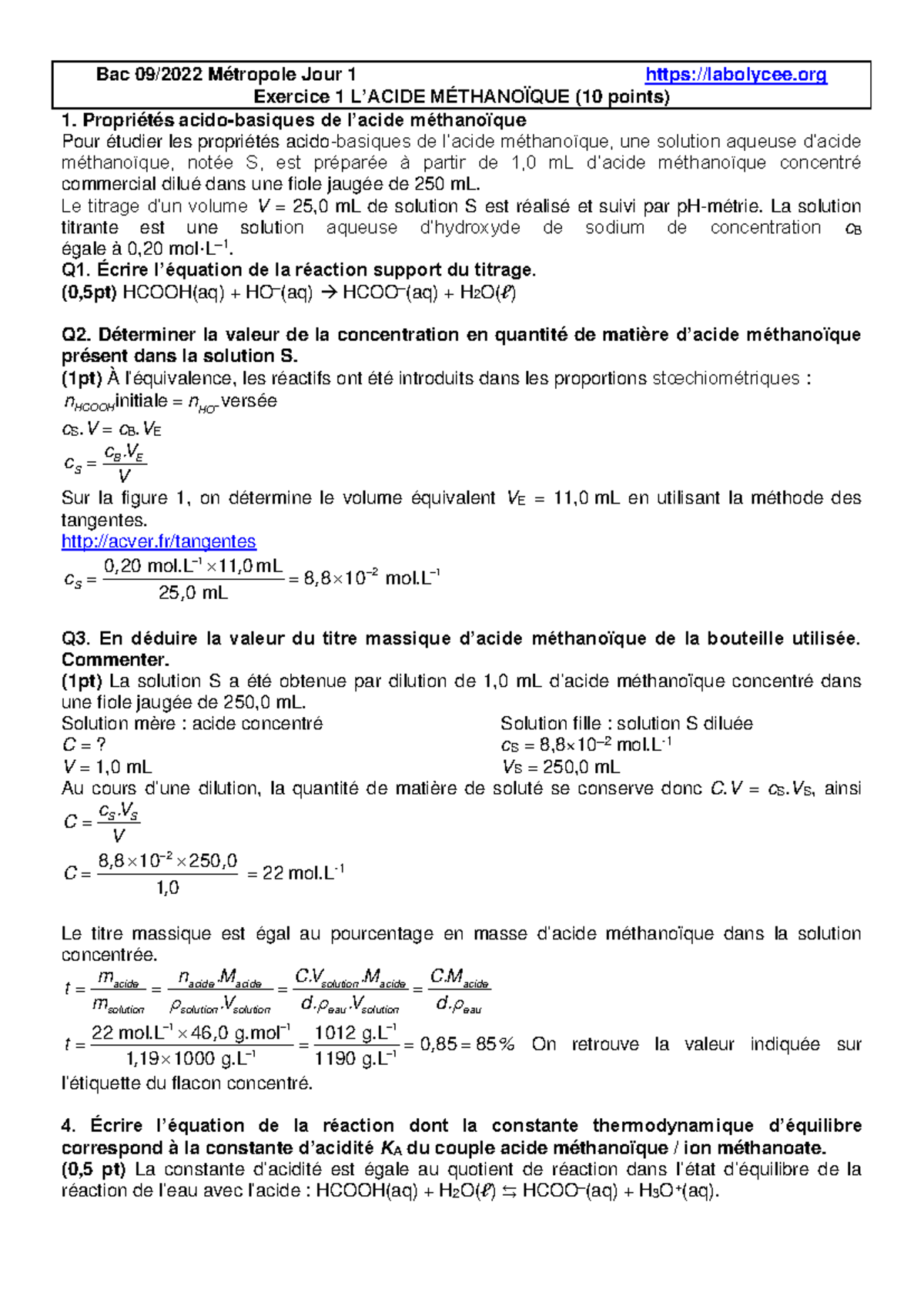 2022 09 Metro J1 Exo1 Correction Acide Methanoique 10pts - Bac 09/2022 ...
