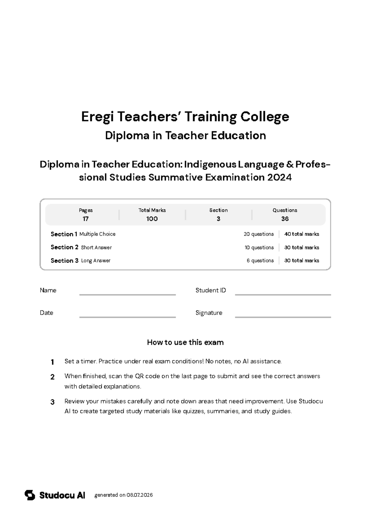 Diploma in Teacher Education: Indigenous Language Exam 2024 - Studocu