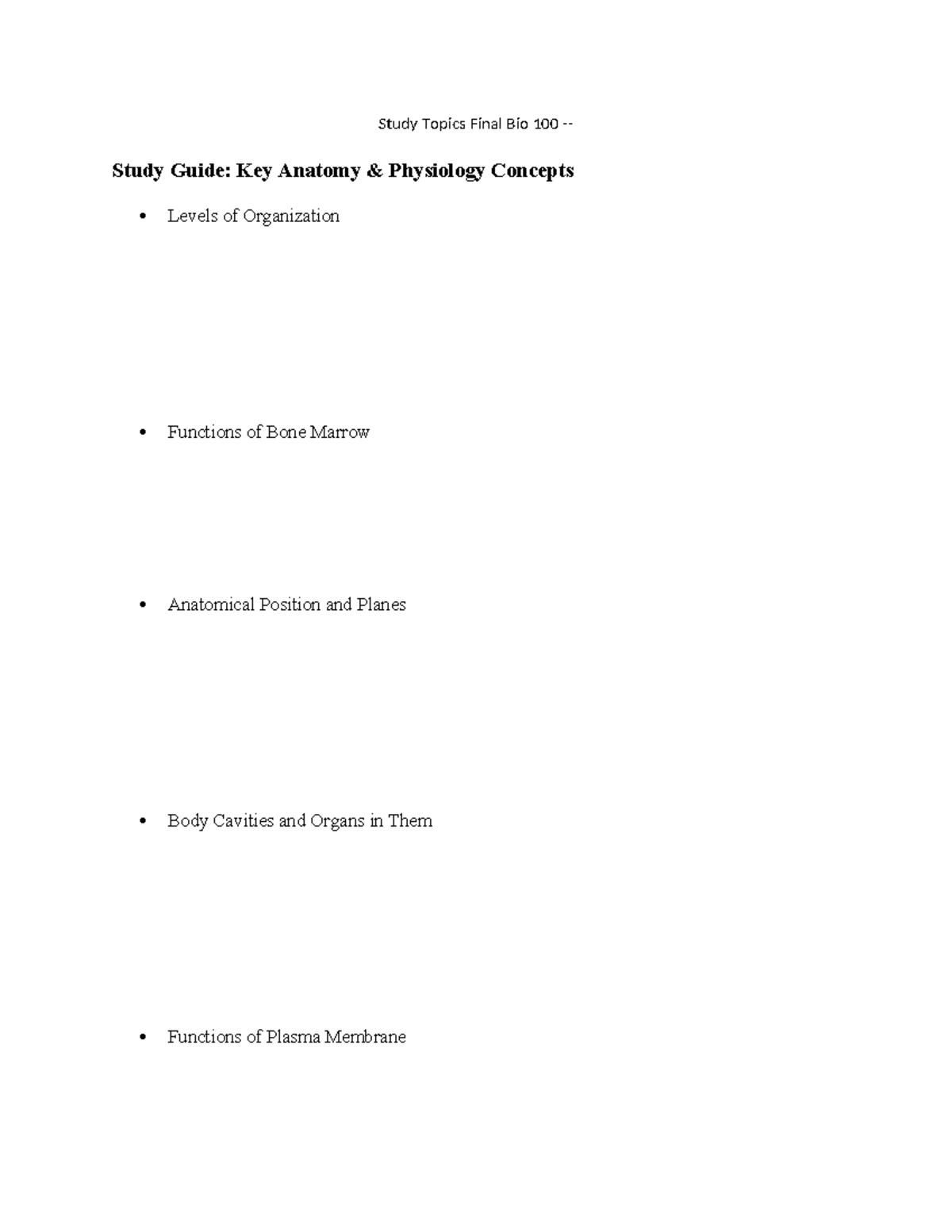 Final Exam Study Guide for Bio 100: Key Concepts in Anatomy ...