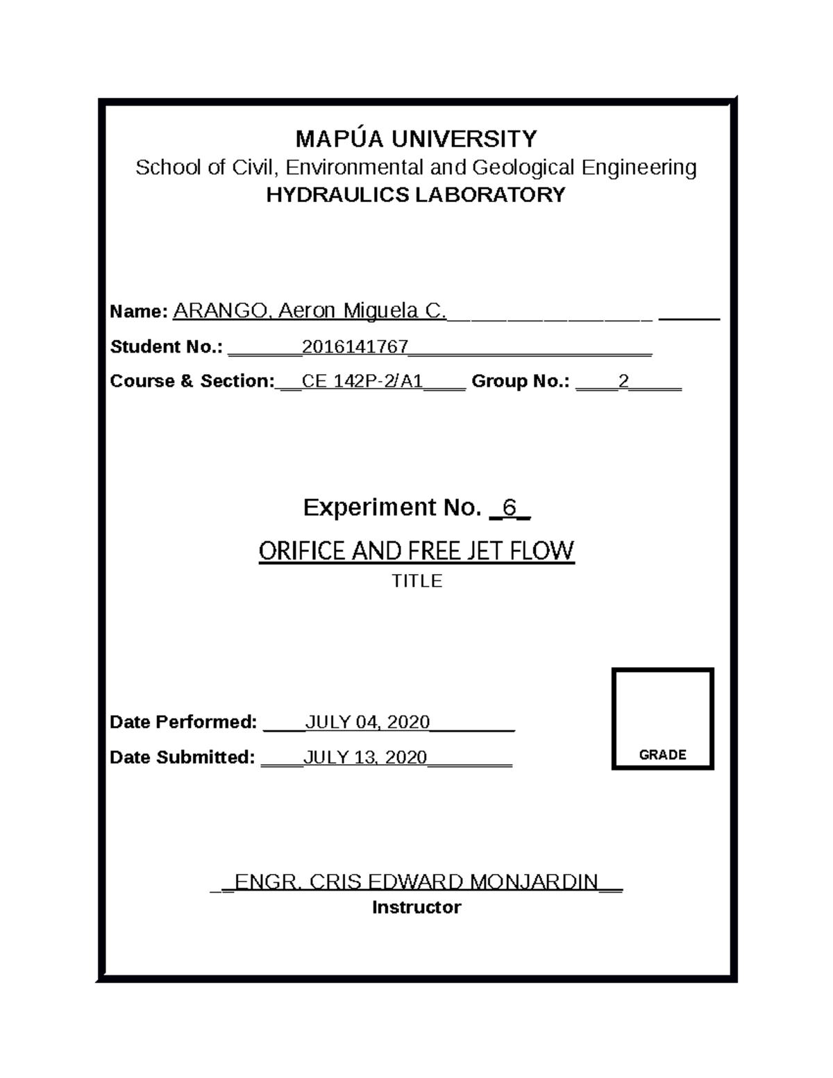 CE 142P-2/A1 Final Lab Report: Orifice & Free Jet Flow Experiment - Studocu