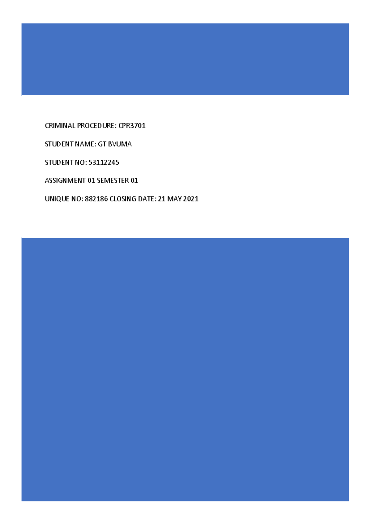 Criminal Procedure CPR3701 Assignment 01 Analysis 2021 - Studocu