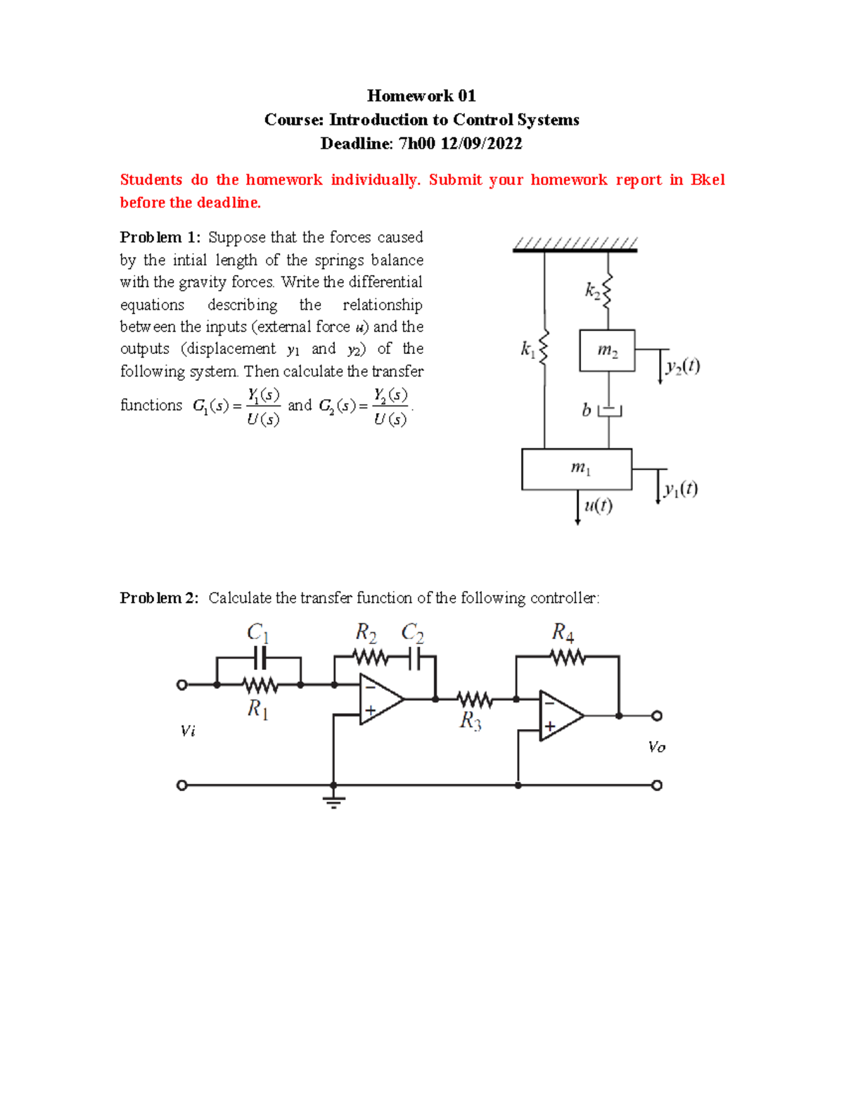 Homework 01 Intro Ctrl Sys Semester 221 L01 - Course: Introduction to ...