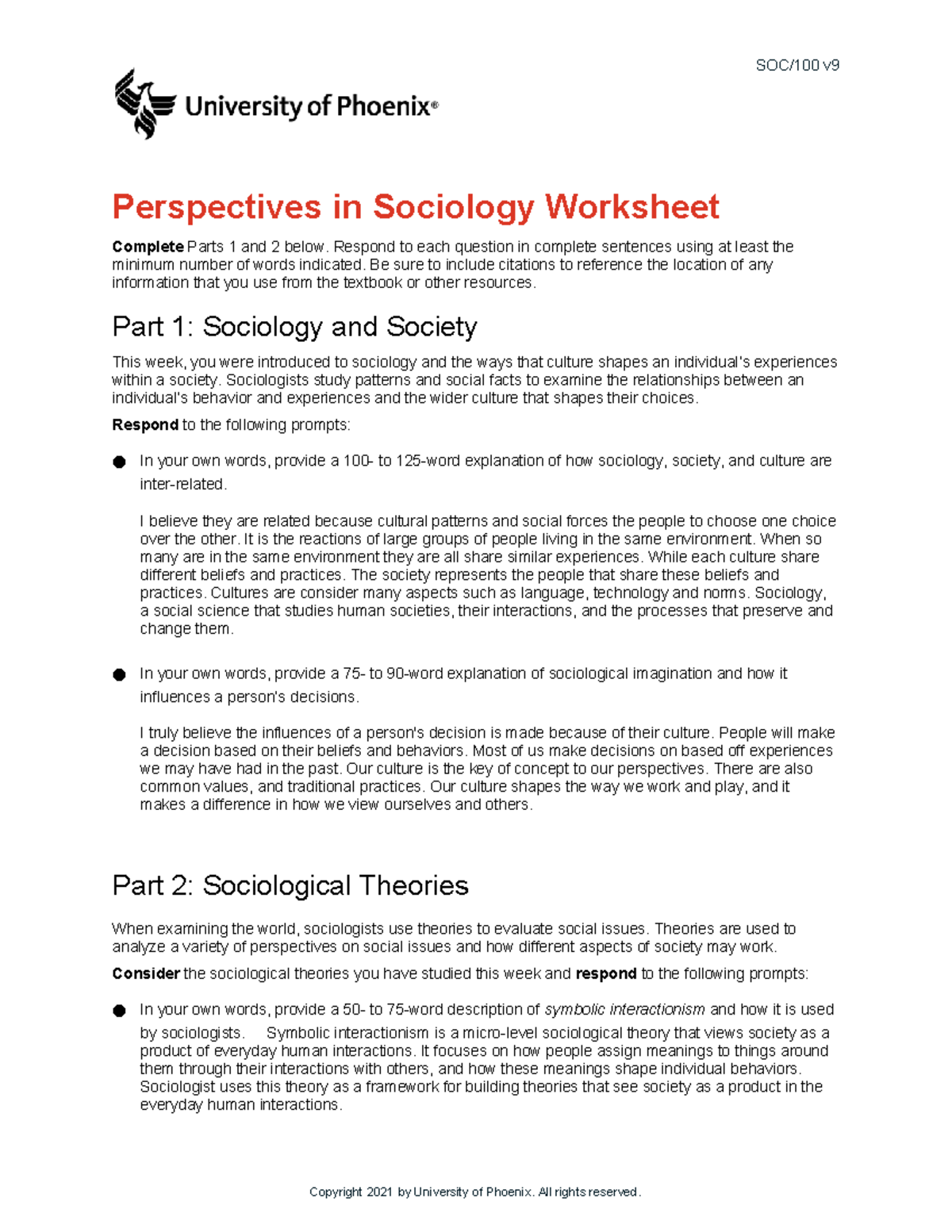 SOC/100 Perspectives in Sociology: Worksheet on Key Concepts - Studocu