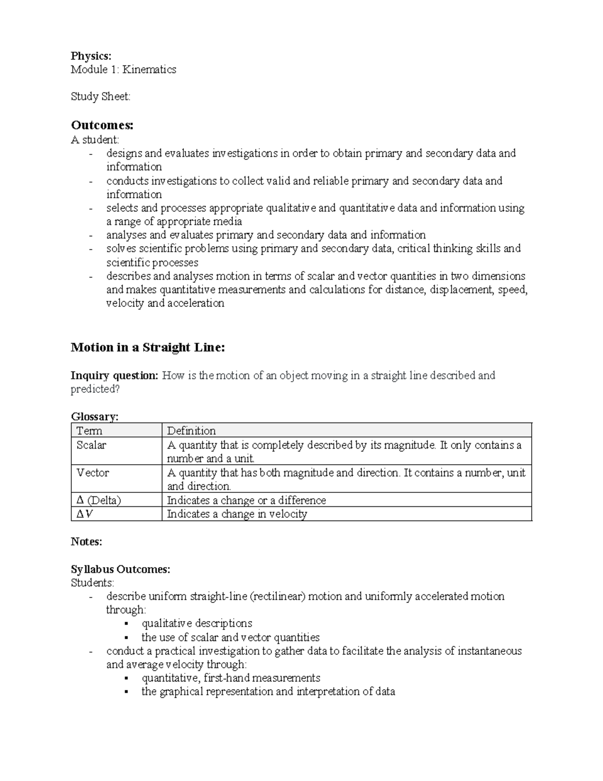 Physics: Module 1: Kinematics Study Sheet and Outcomes Analysis - Studocu