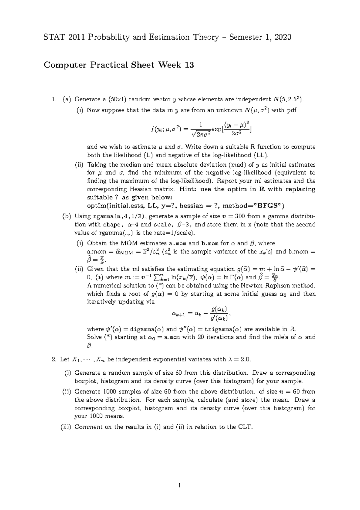 W13 - computer lab report - STAT 2011 Probability and Estimation Theory ...