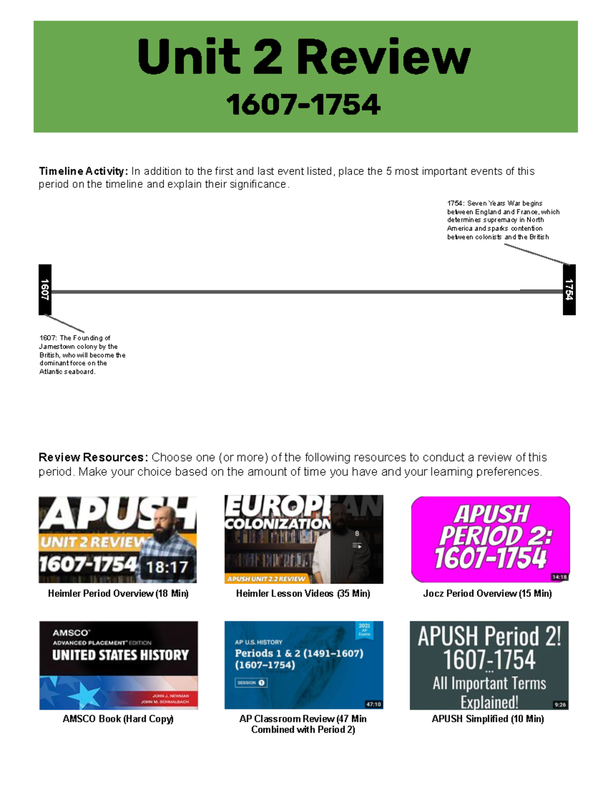APUSH Period 2 Review Guide: 1607-1754 Key Concepts and Events - Studocu