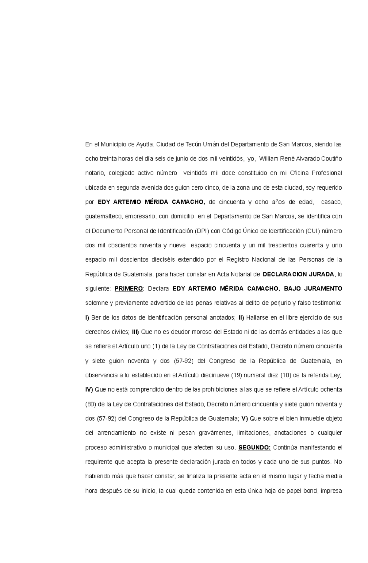 Declaración Jurada de Deudor Moroso - Edy Artemio Mérida 1 - Studocu