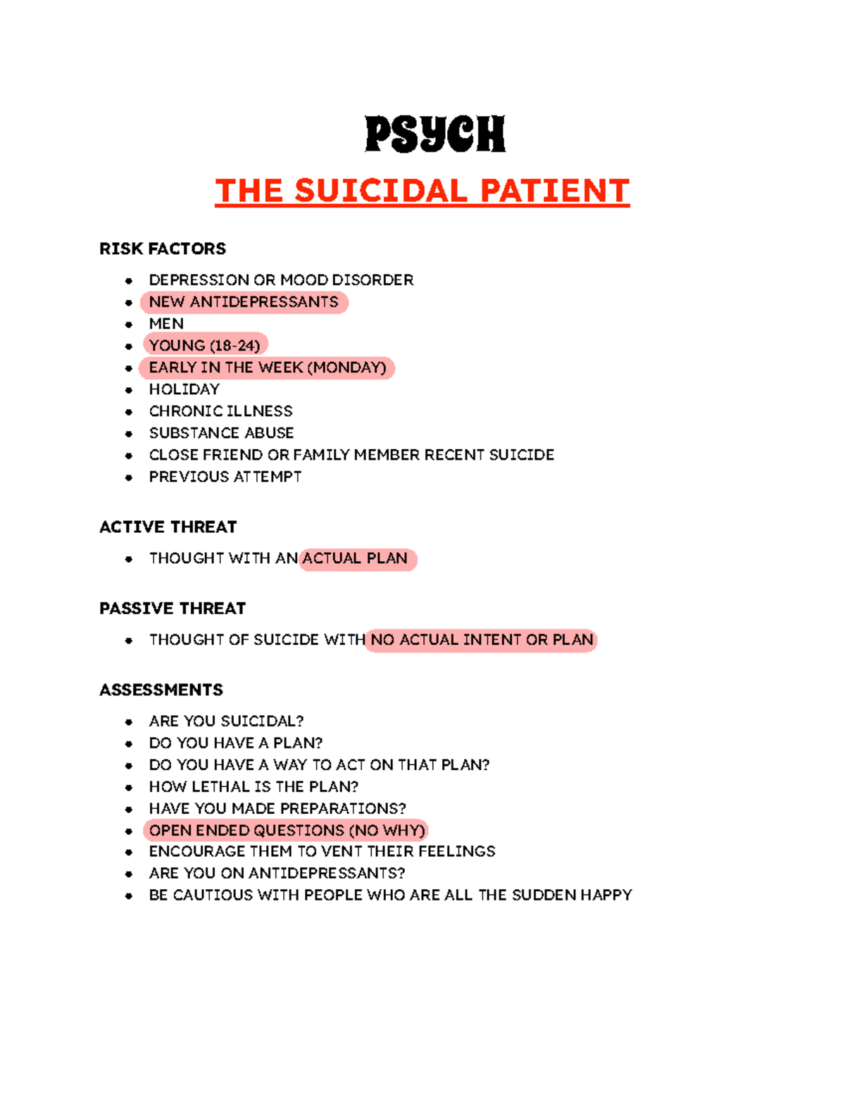 PSYCH 101: Risk Factors and Interventions for Suicidal Patients - Studocu