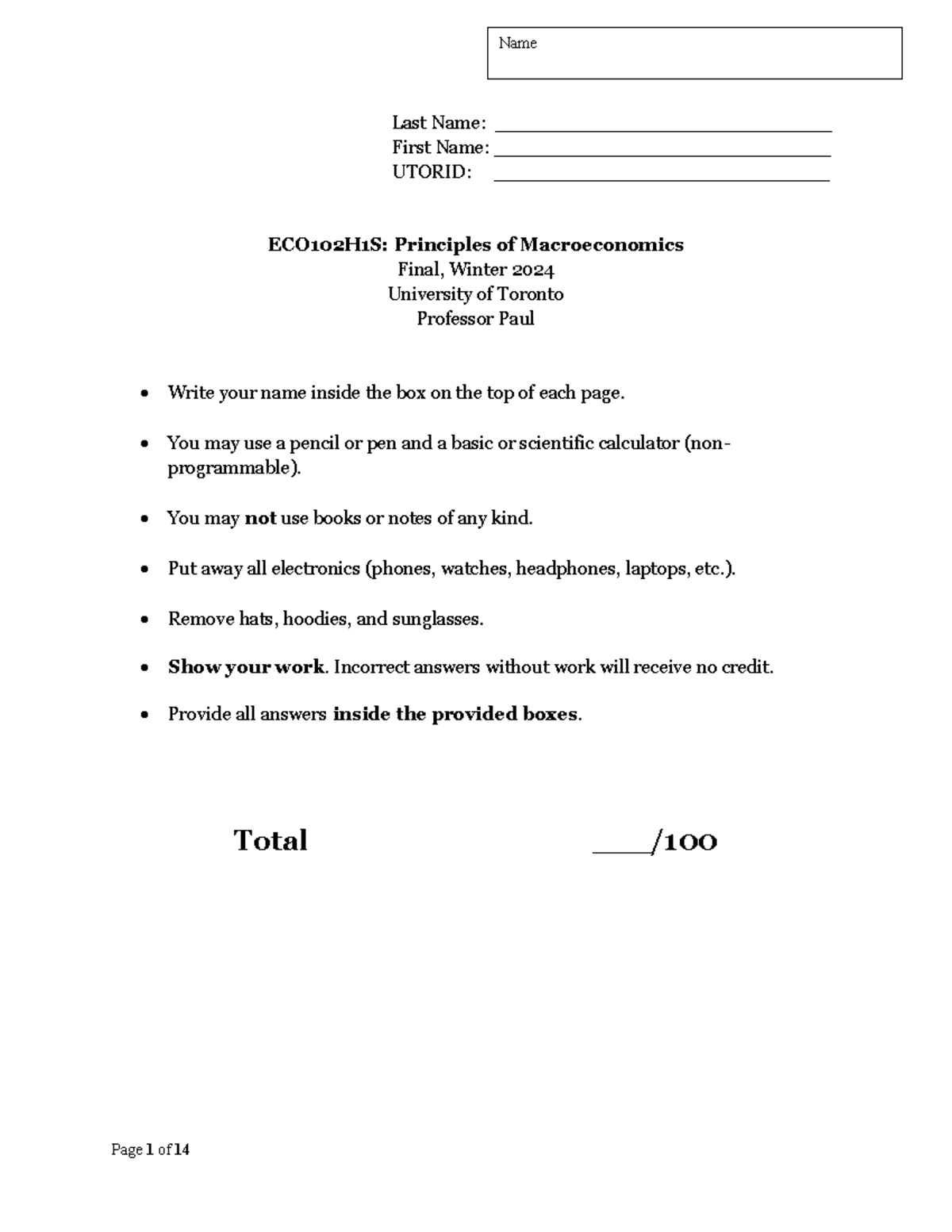 ECO102H1S: Principles of Macroeconomics Final Exam Notes, Winter 2024 ...