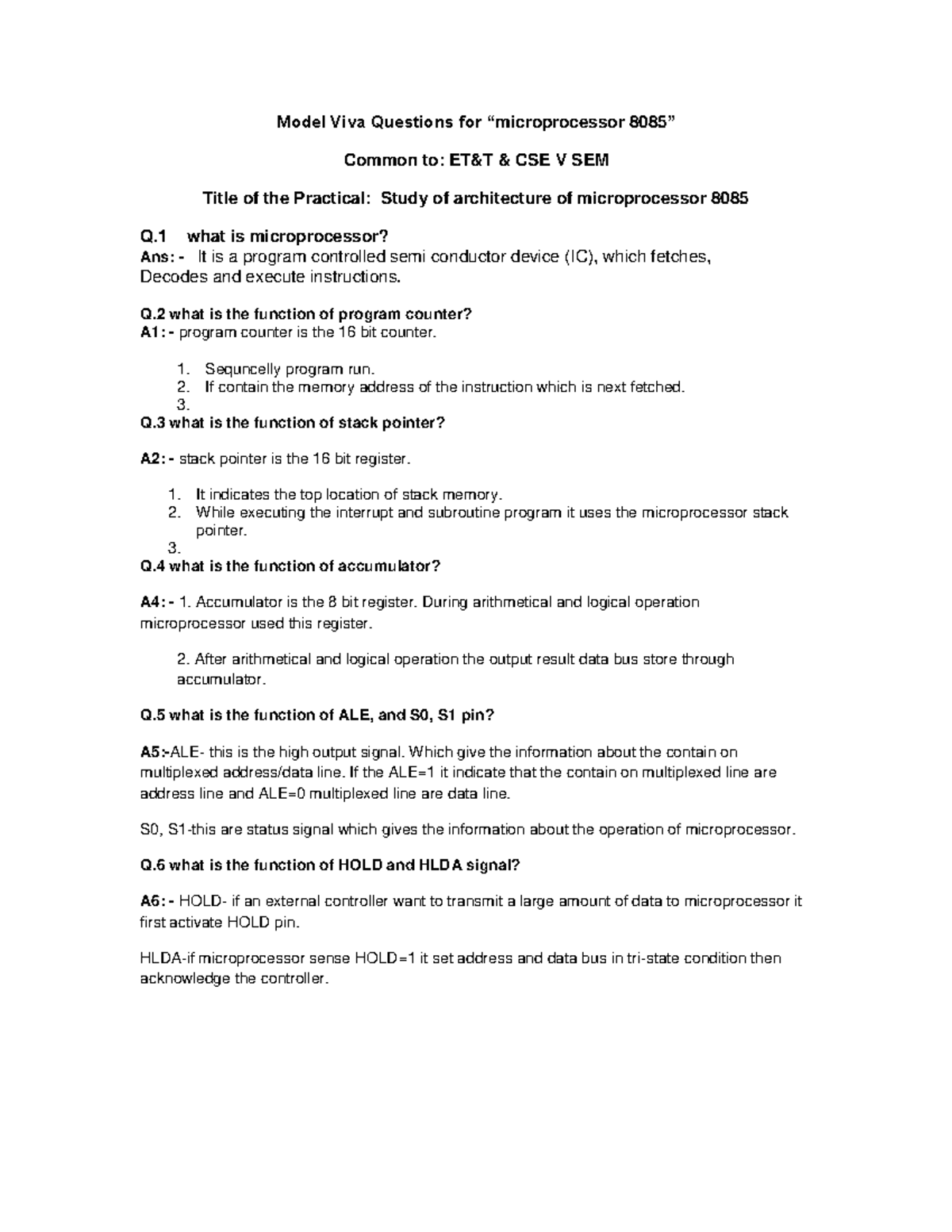 Model Viva Questions for CSE V SEM: Microprocessor 8085 Practical Guide ...