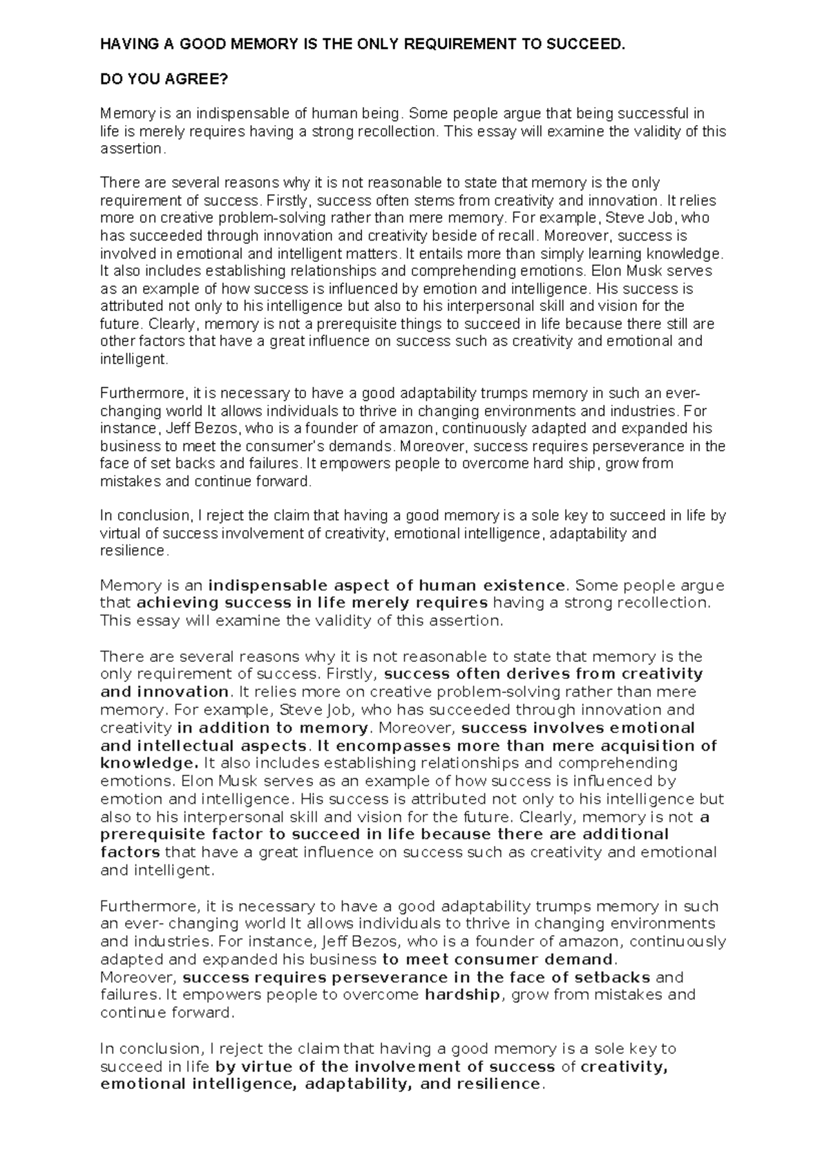 ENG 101: Essay on Memory vs. Factors for Success - Studocu