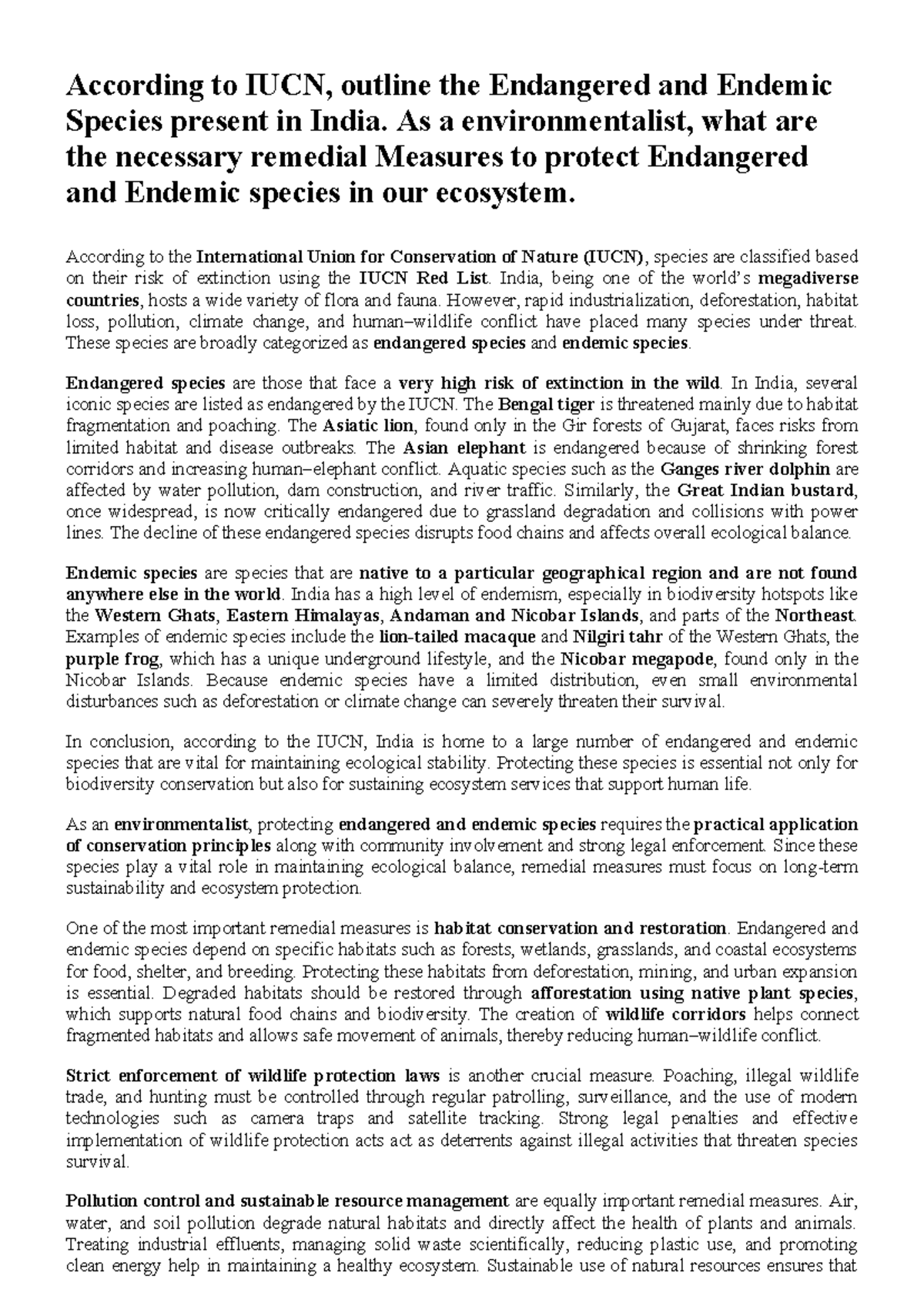 IUCN Endangered & Endemic Species in India: Conservation Measures - Studocu