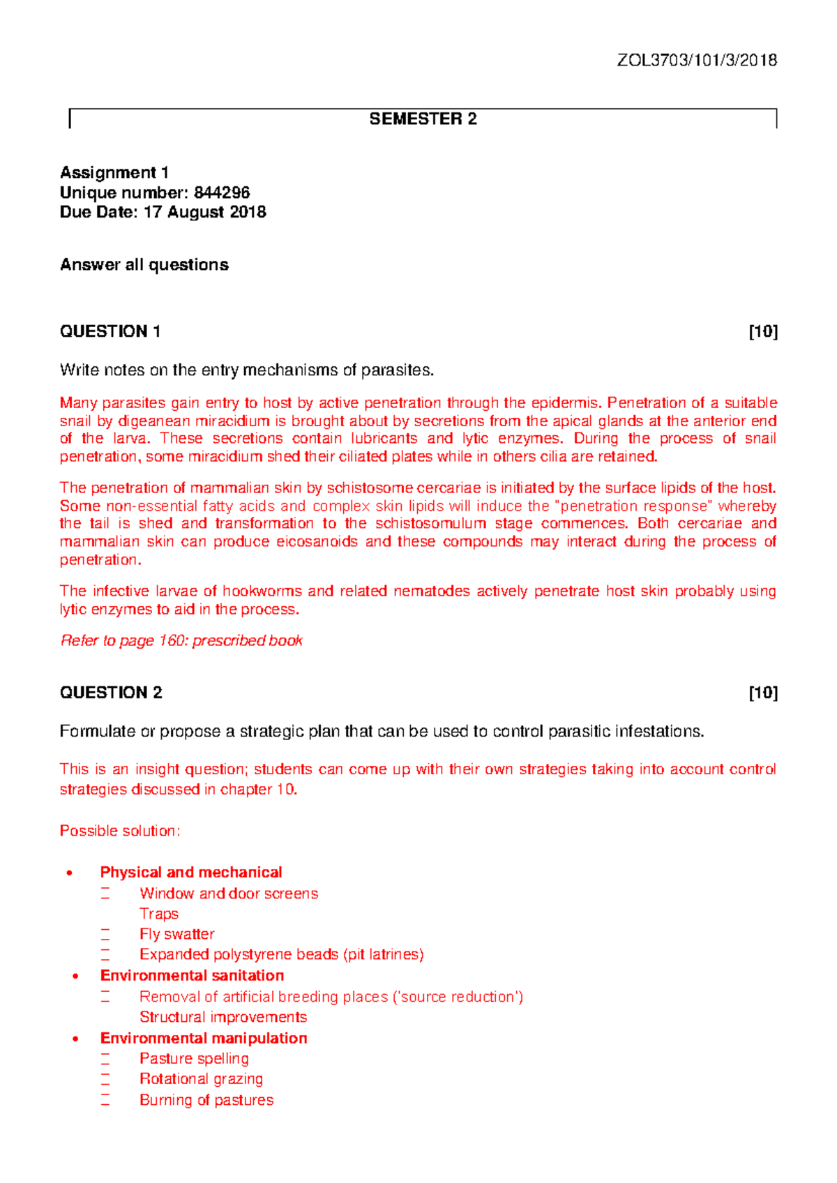 ZOL3703/101/3/2018 Assignment 1 & 2 Memorandum Notes - Studocu