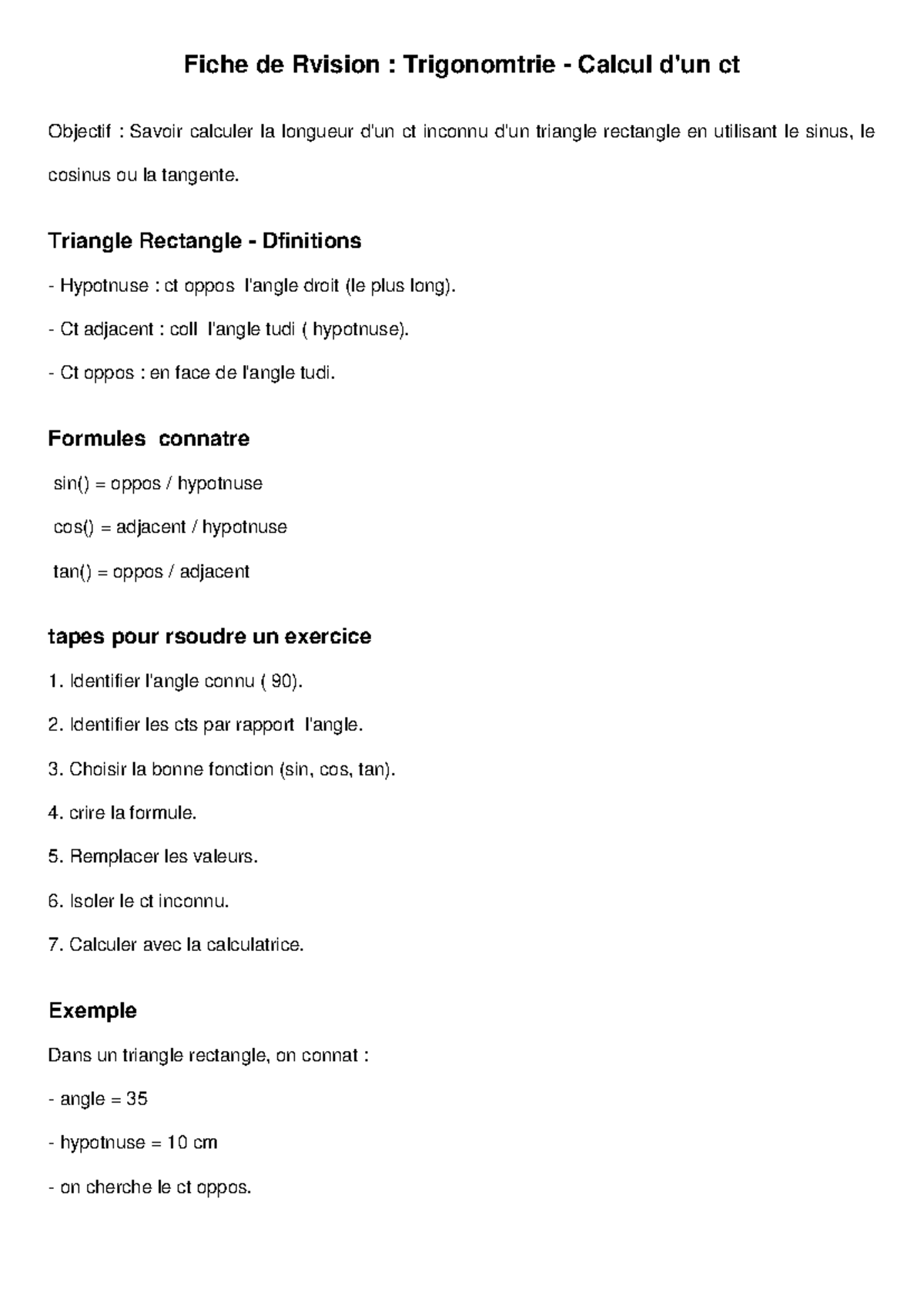 Fiche de Révision : Trigonométrie Calcul Côté - Triangle Rectangle ...