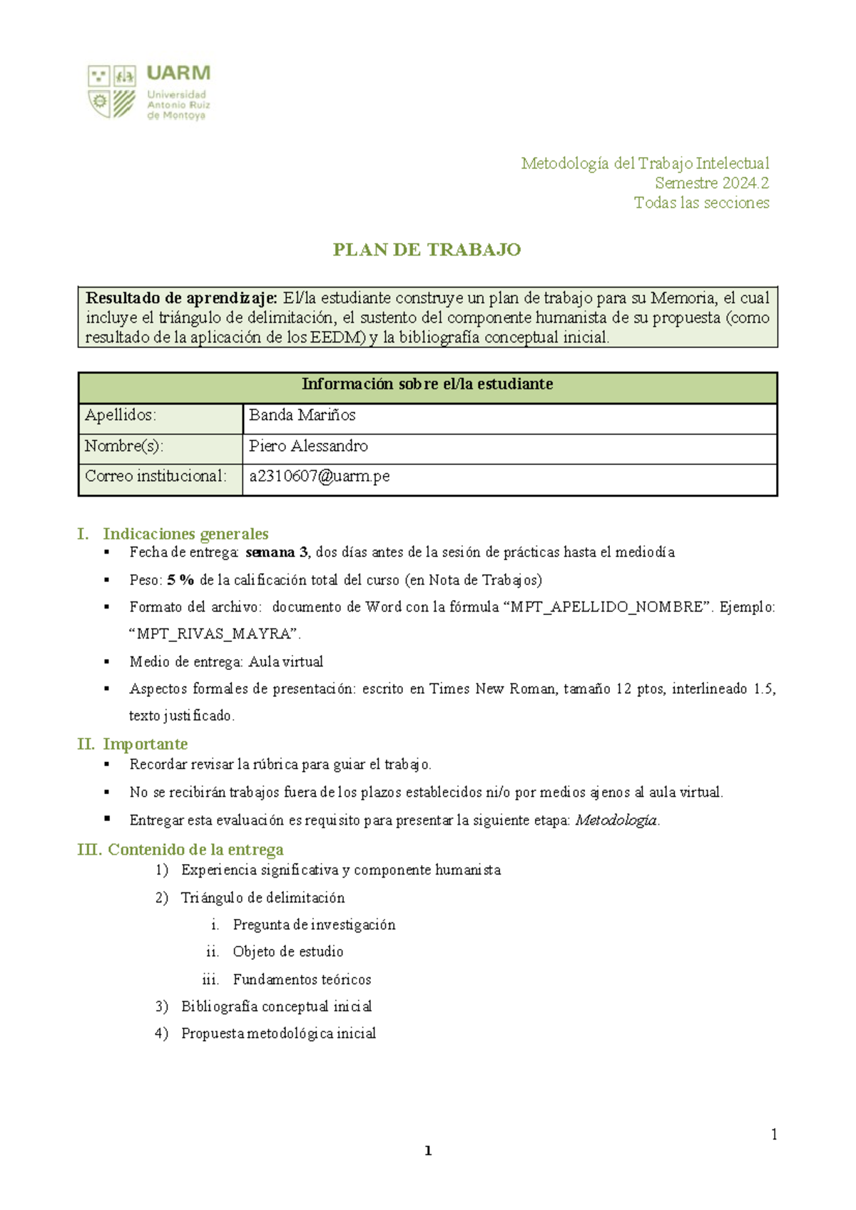 MPT 2024 - Plan de Trabajo Metodológico de Piero Banda - Studocu