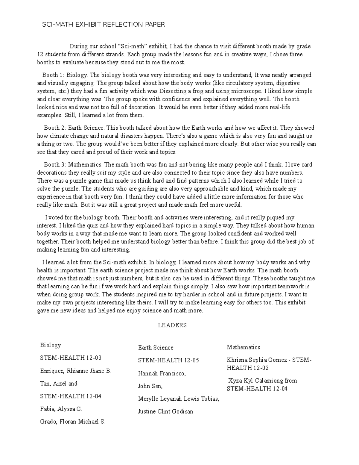 SCI-MATH Exhibit Reflection Paper: Insights from Grade 12 Booths - Studocu