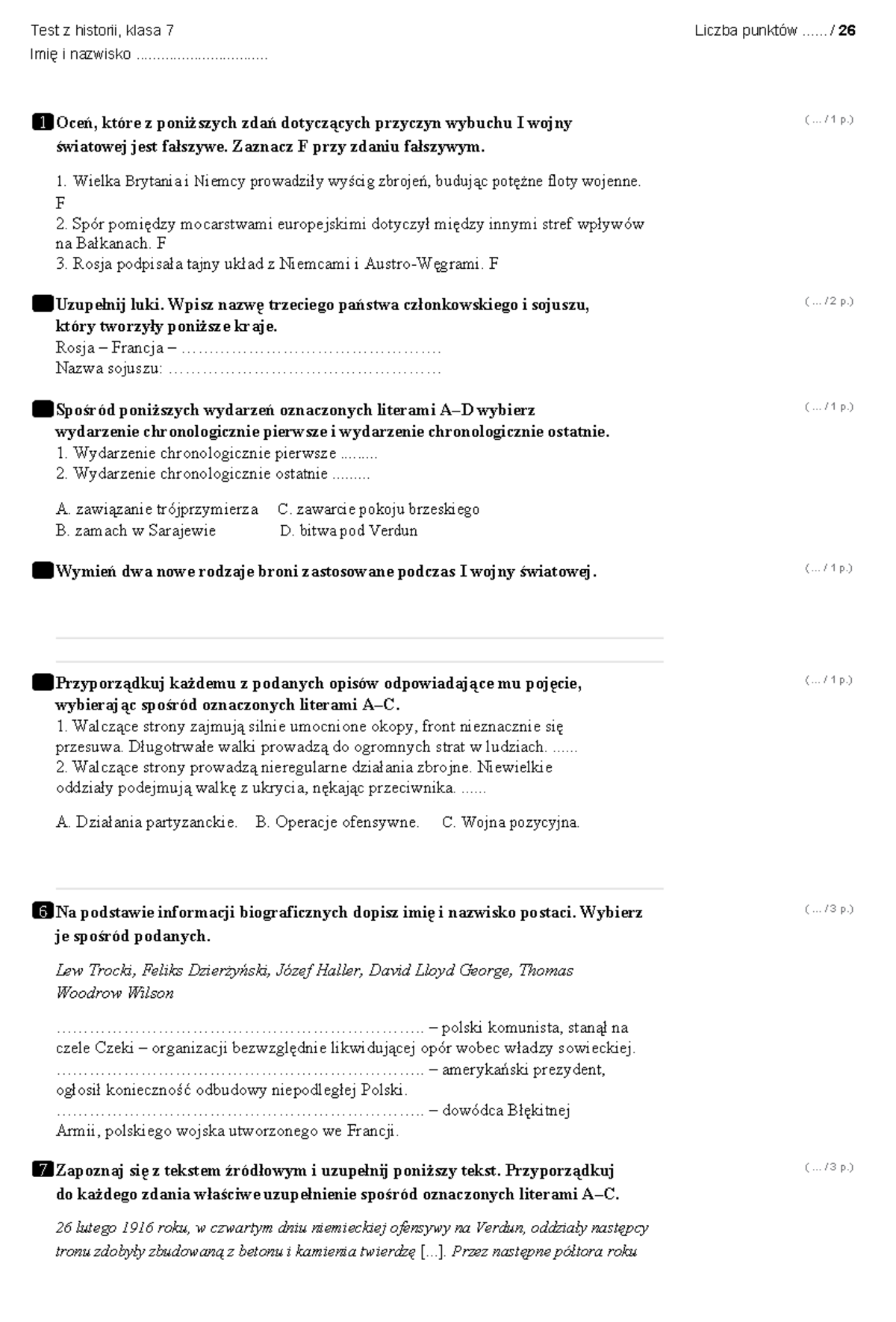 Pierwsza Wojna światowa Sprawdzian Klasa 7 www.studocu.com