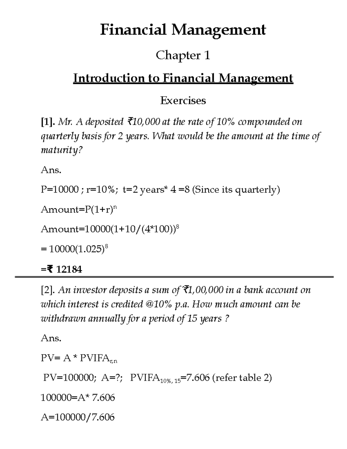 Chapter 1 FIN MGT - Introduction to Financial Management Exercises ...