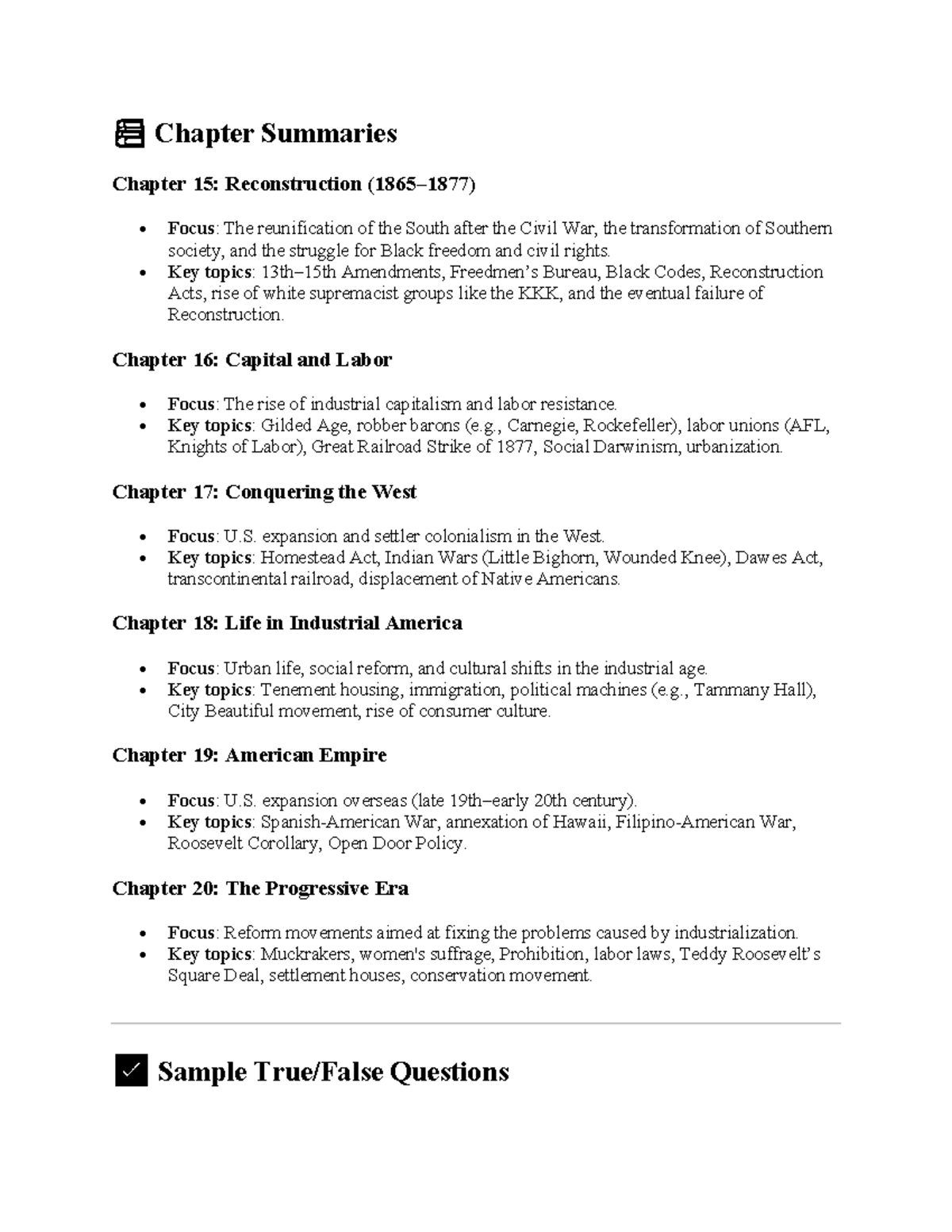 US History Chapter Summaries & Practice Questions (HIST101) - Studocu