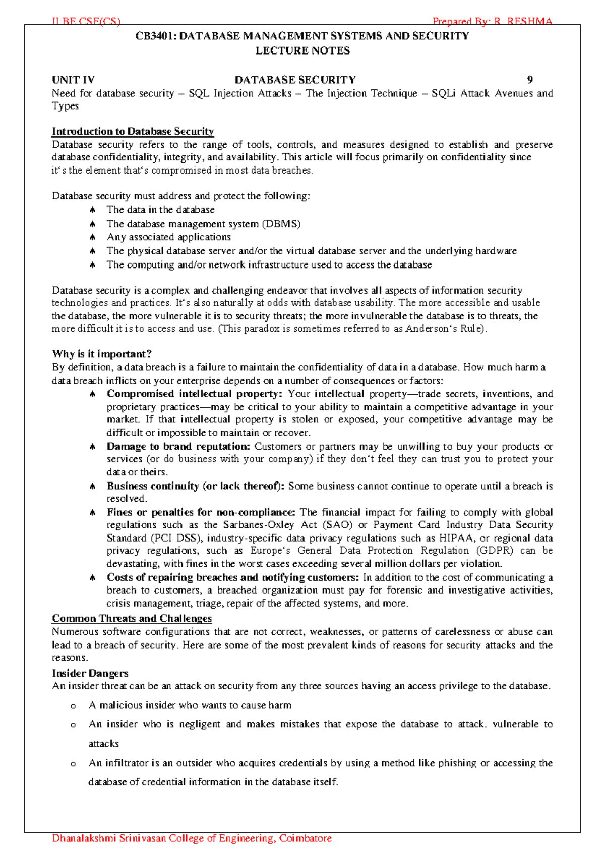 CB3401 - Unit 4: Database Security and SQL Injection Attacks Notes ...