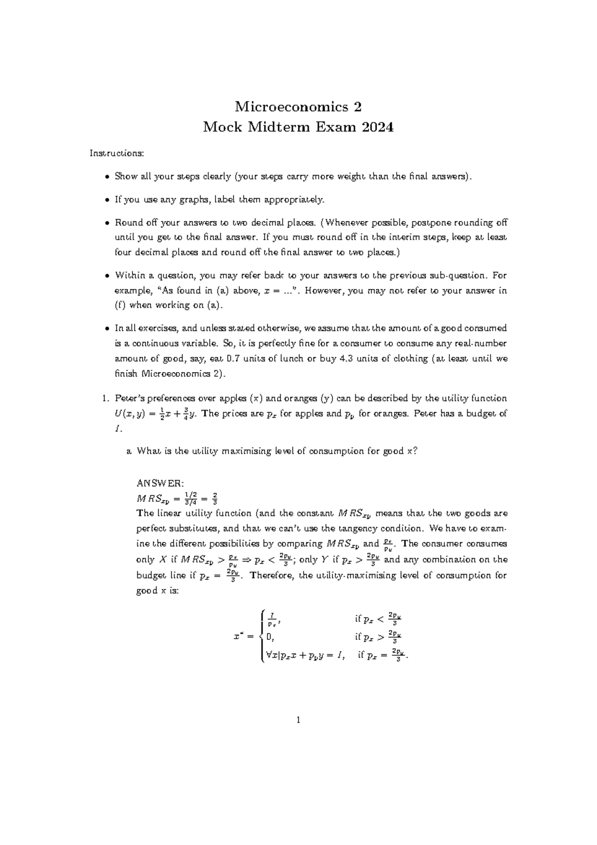 Microeconomics 2 Mock Midterm Exam Answers 2024 - Studeersnel