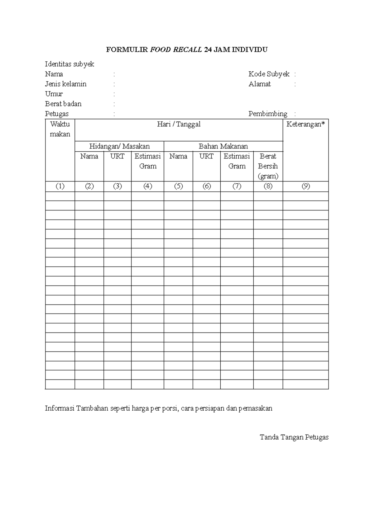 Formulir FOOD Recall Individu - kedokteran gigi - FORMULIR FOOD RECALL ...