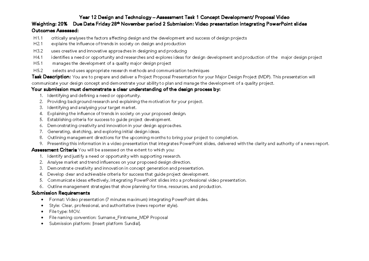 Year 12 Design & Tech Assessment Task 1: MDP Proposal Video - Studocu