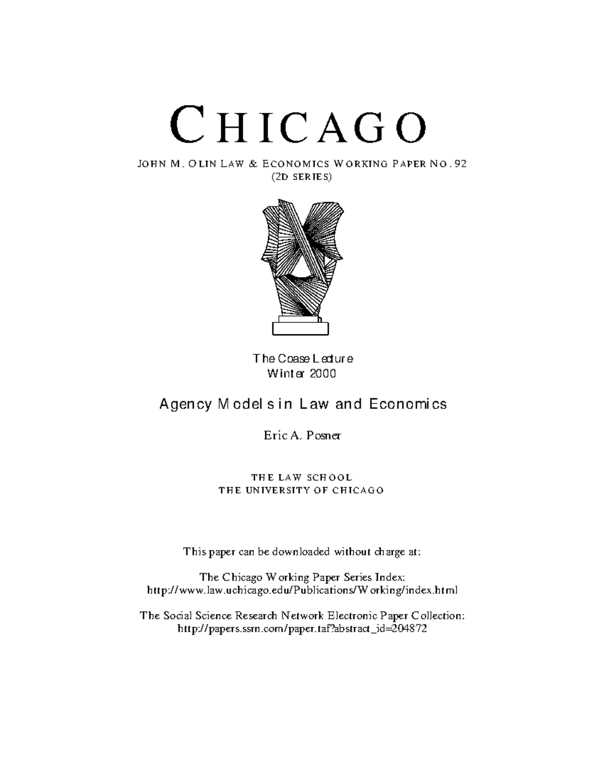 Chicago Law Economics Working Paper No. 92: Agency Models in Law and ...