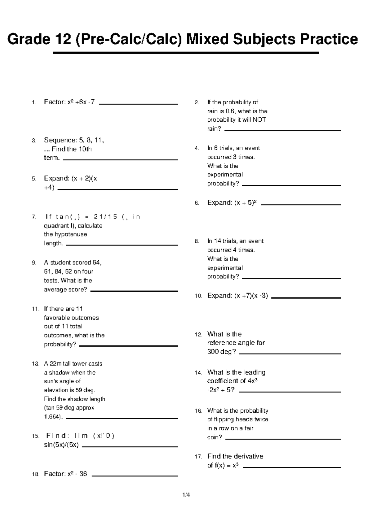 Grade 12 Math Mixed Subjects Practice 6 - Studocu