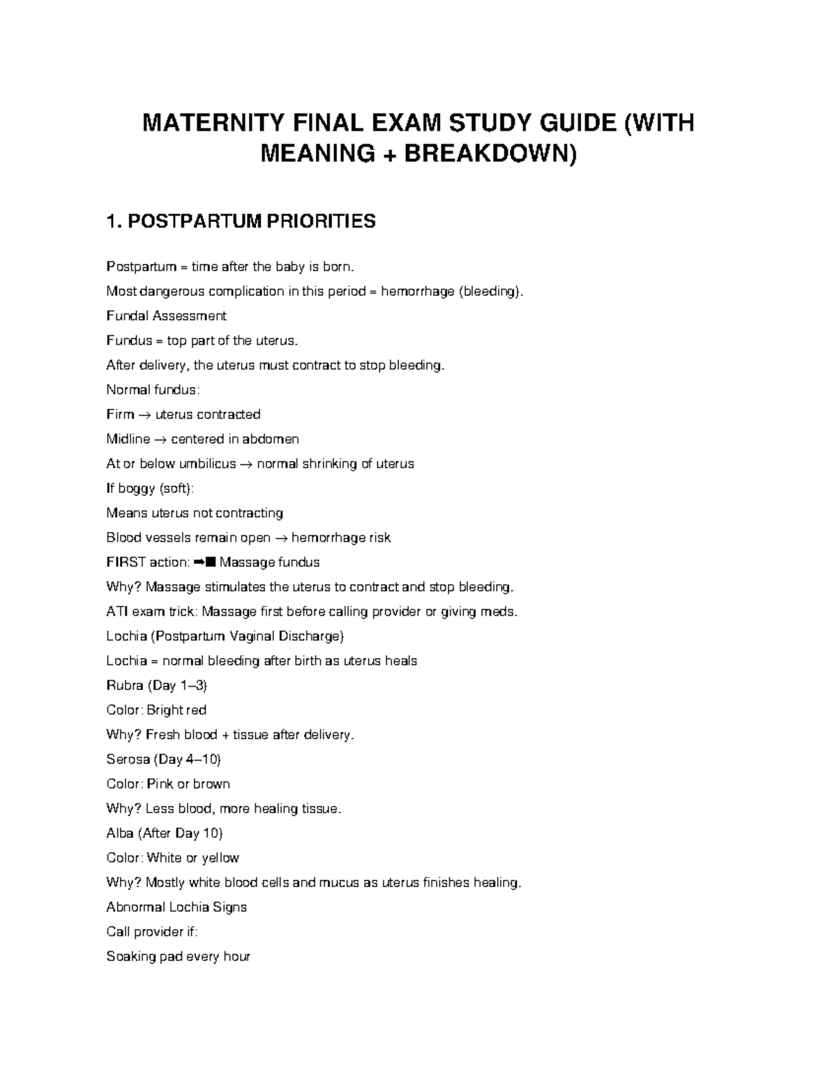 Maternity Final Exam Study Guide: Key Concepts & Priorities - Studocu