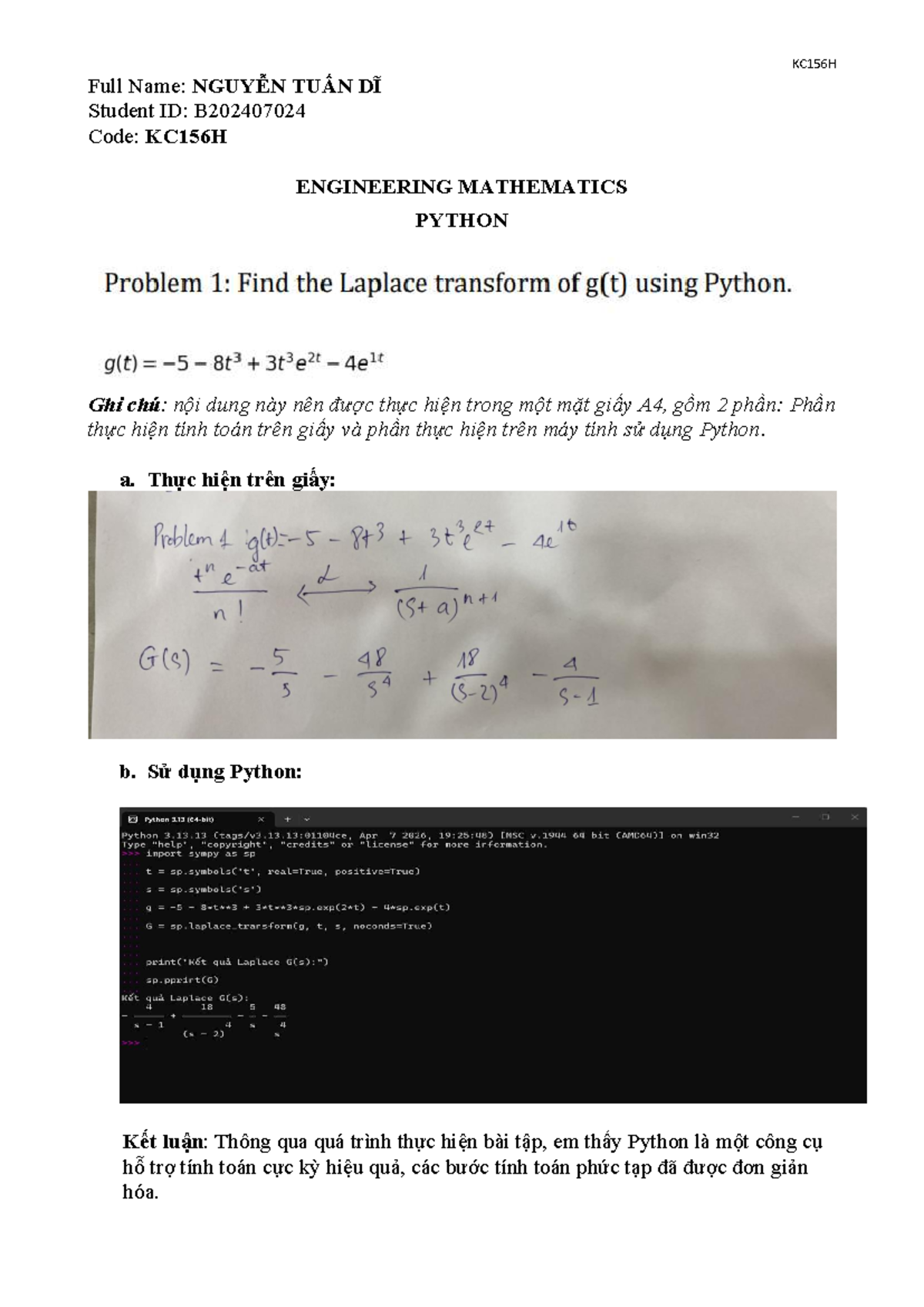 KC156H Engineering Mathematics: Python Calculation Report - Studocu
