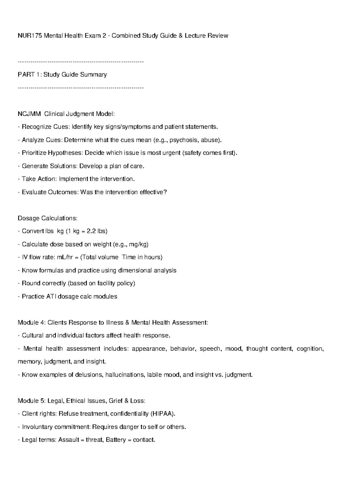 NUR175 Mental Health Exam 2 Comprehensive Study Guide Summary - Studocu