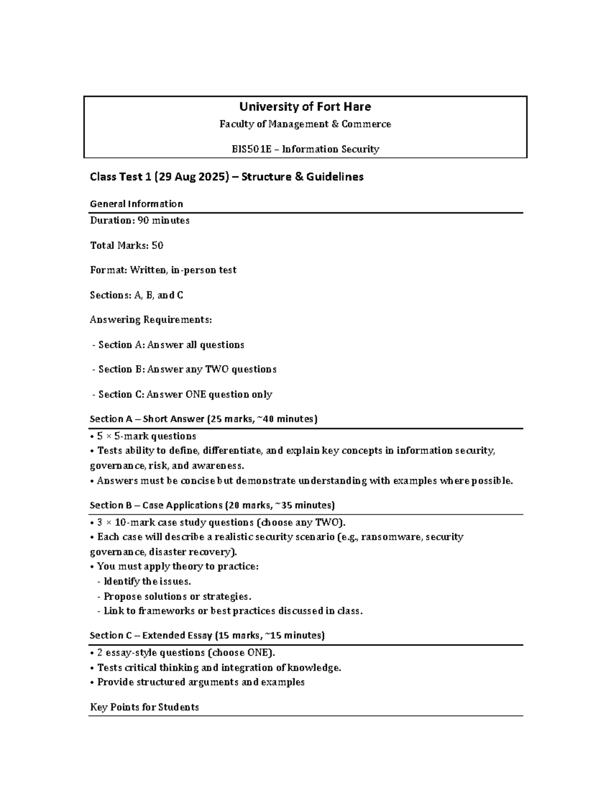 BIS501E Information Security Class Test 1 Structure Guidelines - Studocu