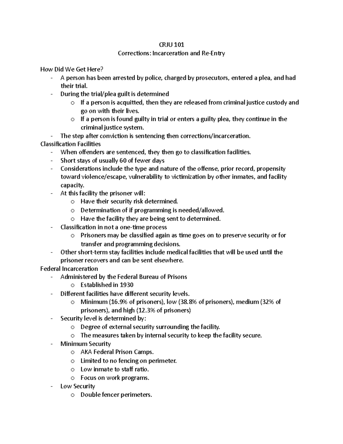 CRJU 101 Final Exam Study Notes on Corrections & Re-Entry - Studocu