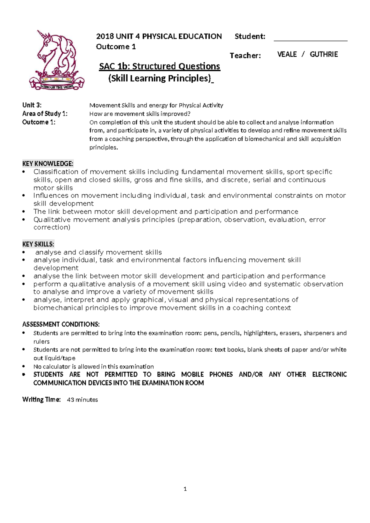 2018 PE UNIT 4 Outcome 1 SAC 1b: Skill Acquisition Practice Guide - Studocu