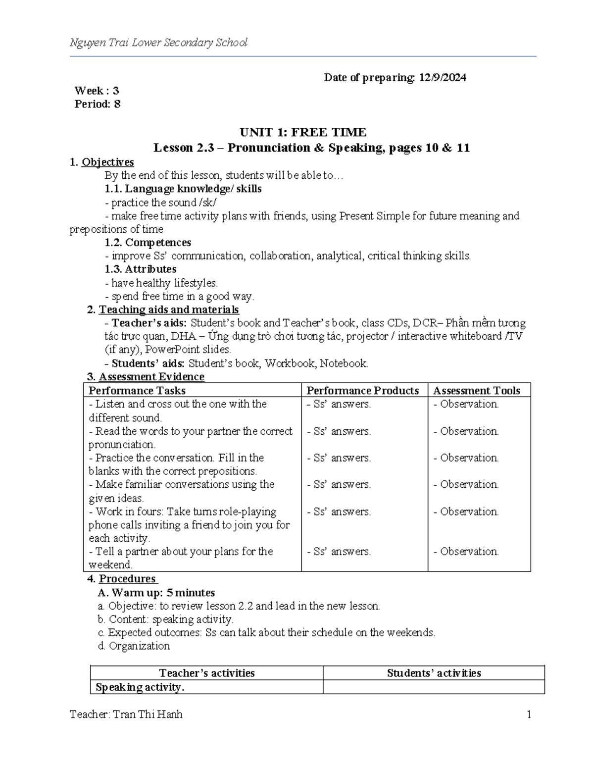 Unit 1 - Lesson 2.3: Pronunciation & Speaking Activities (Pages 10-11 ...