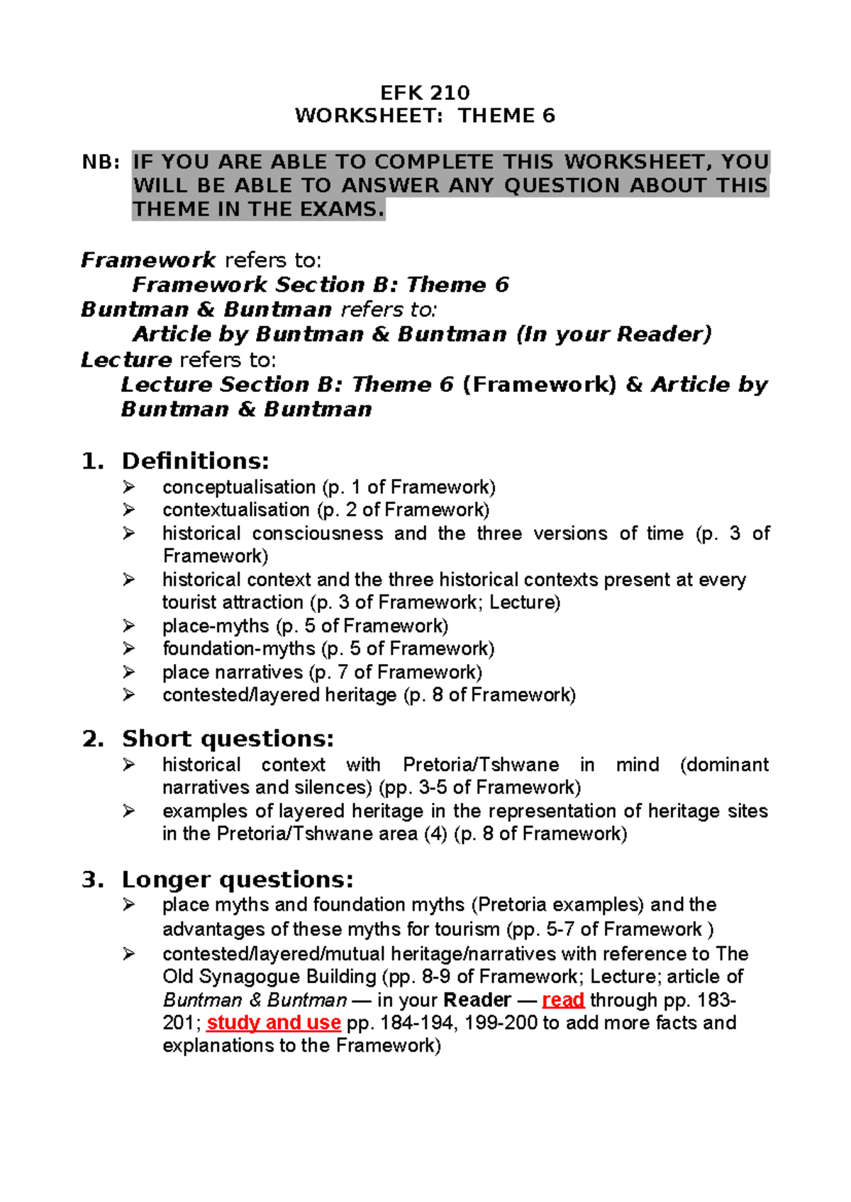 EFK 210 Worksheet: Theme 6 Study Guide for Exam Preparation 2025 - Studocu