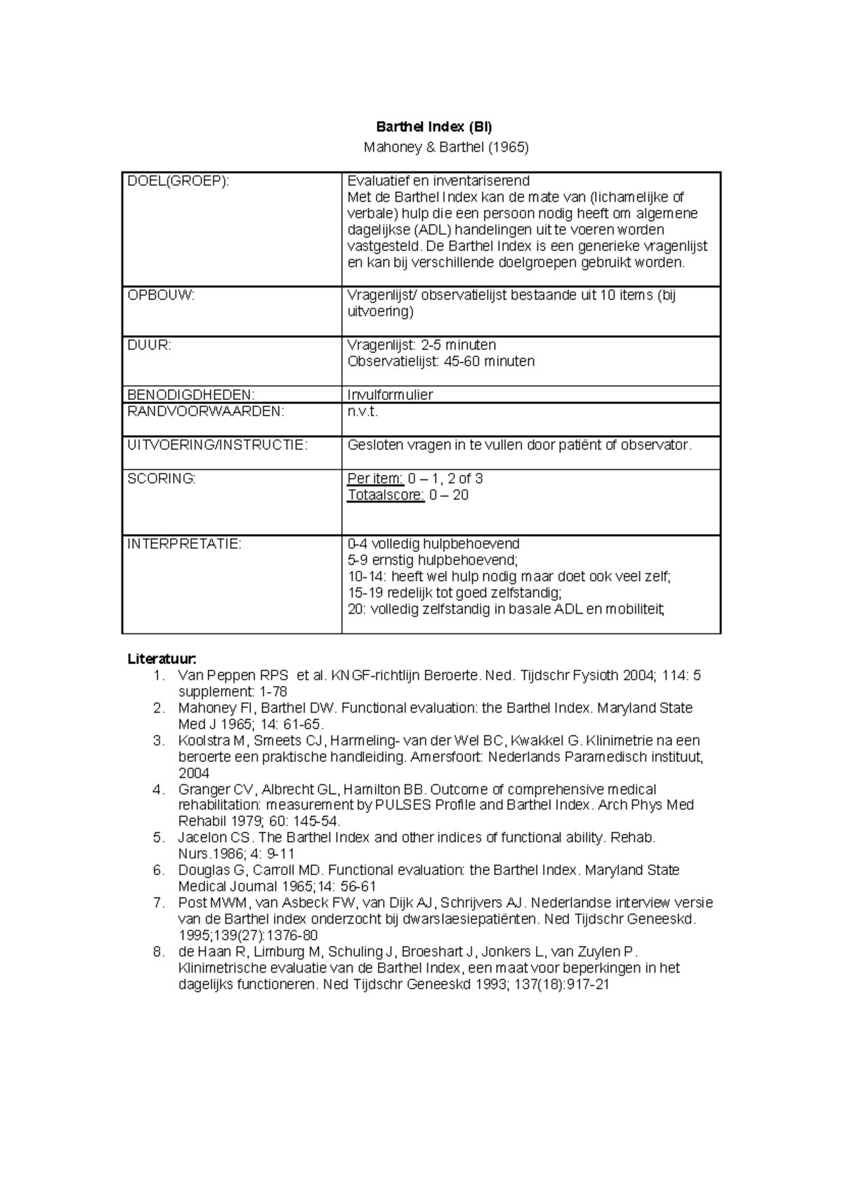 Barthel Index (BI): Evaluatie en Gebruik in ADL-handelingen - Studeersnel