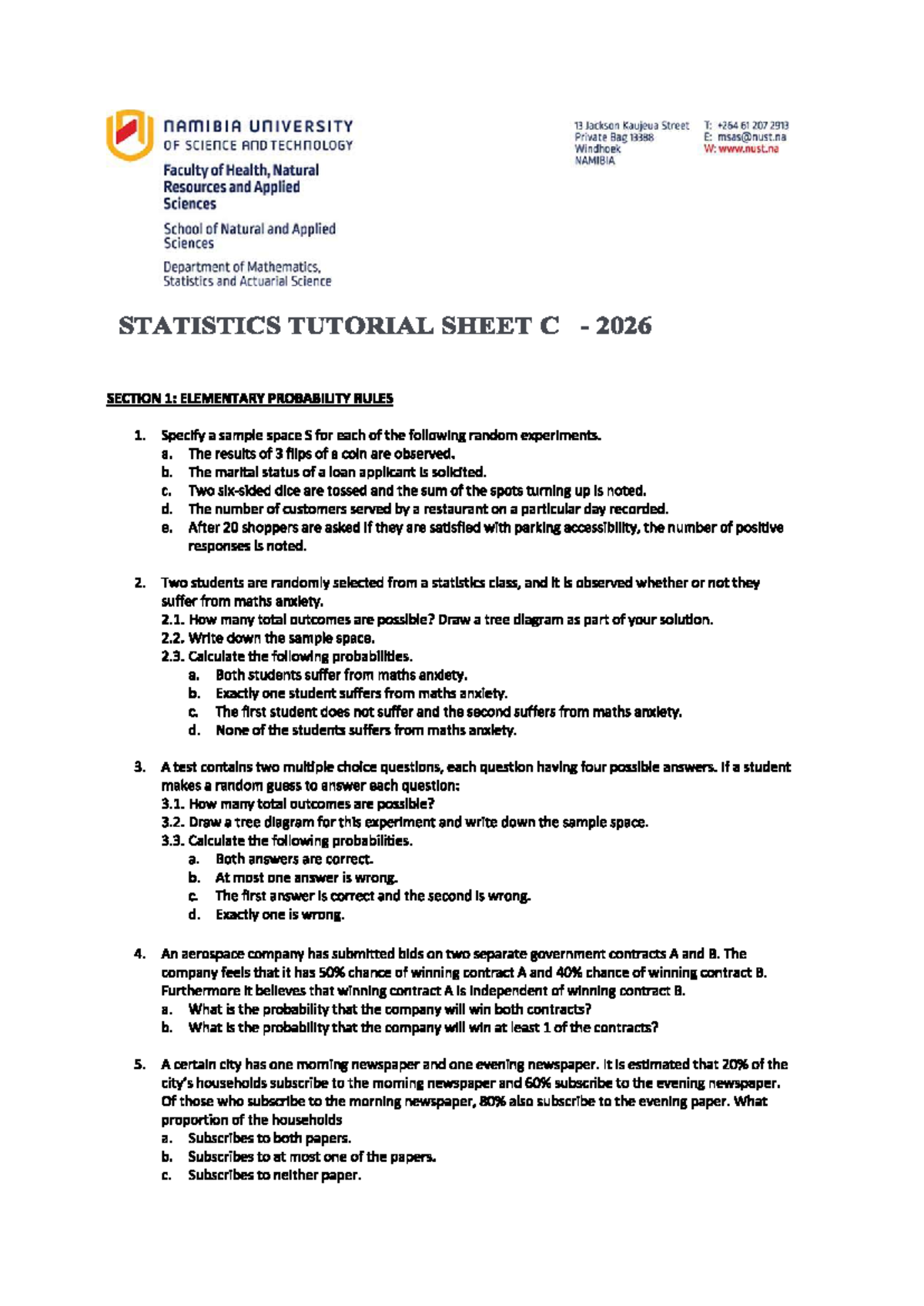 STATISTICS TUTORIAL SHEET C - 2026 - Studocu