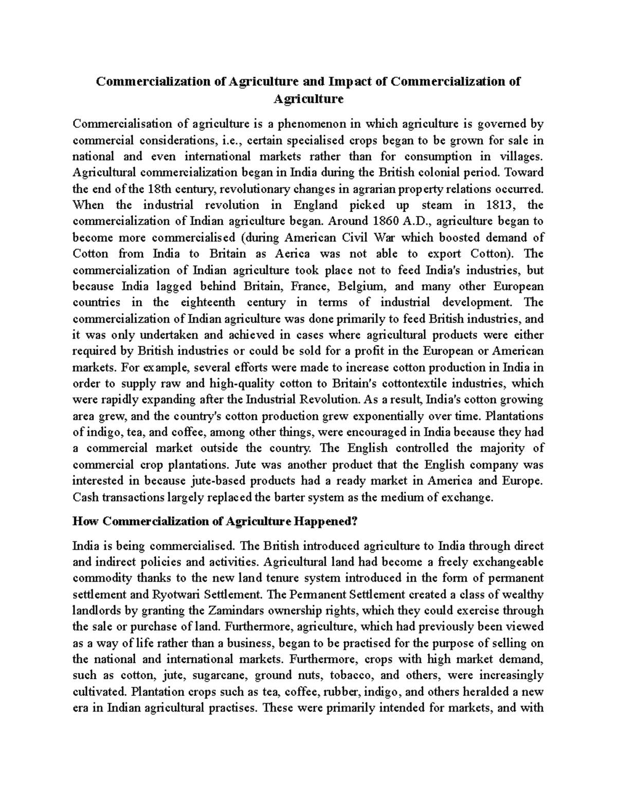 Commercialization of Agriculture and Impact of Commercialization of ...