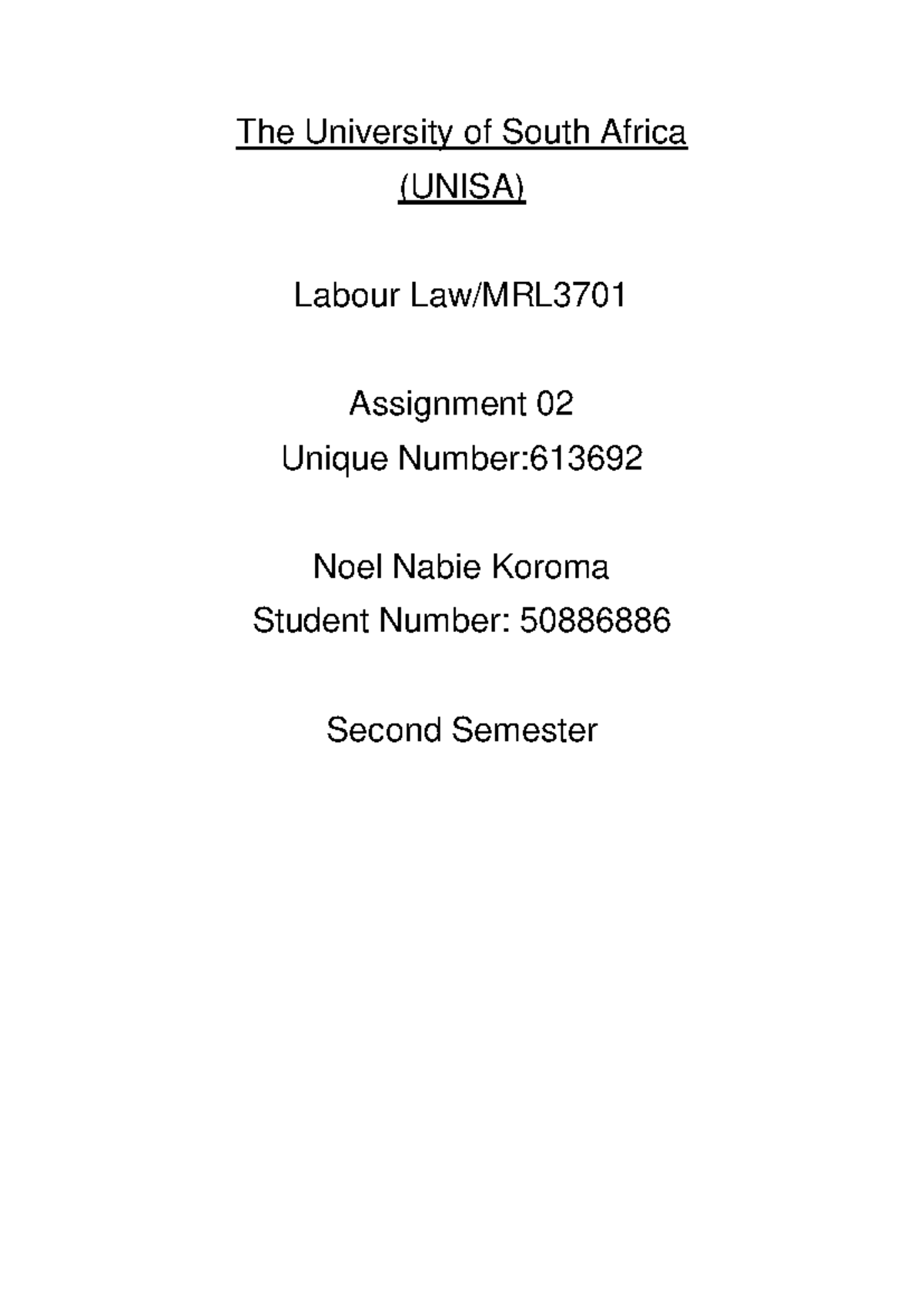 Assignment 02: Labour Law Analysis - MRL3702 by Koroma NN - Studocu